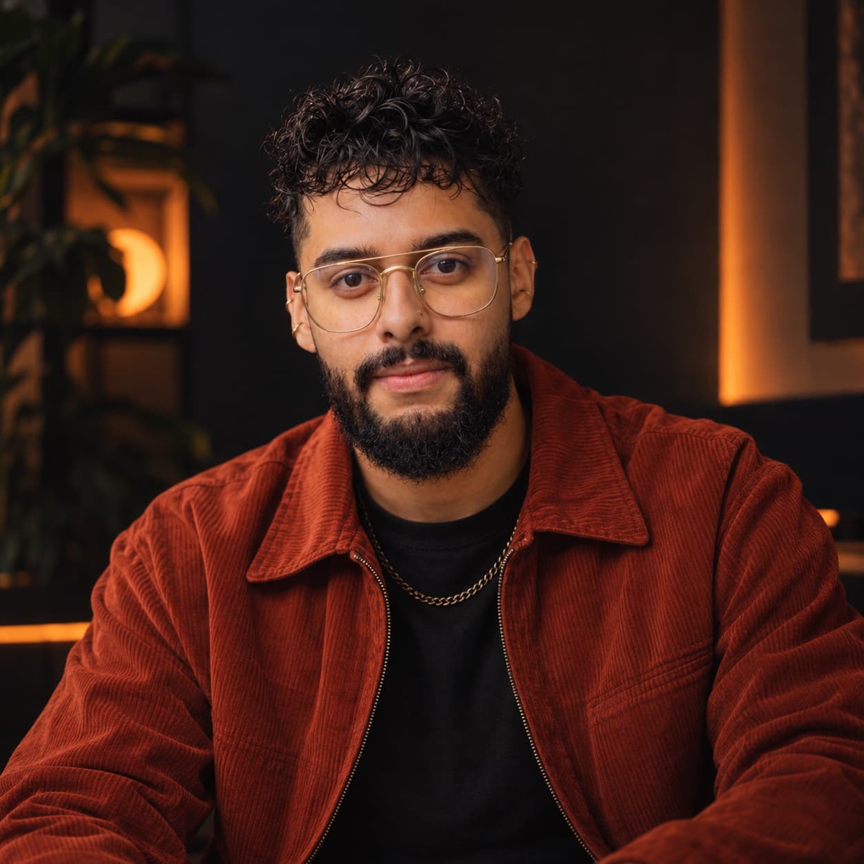 Portrait of Jason Chinchilla wearing a red corduroy jacket